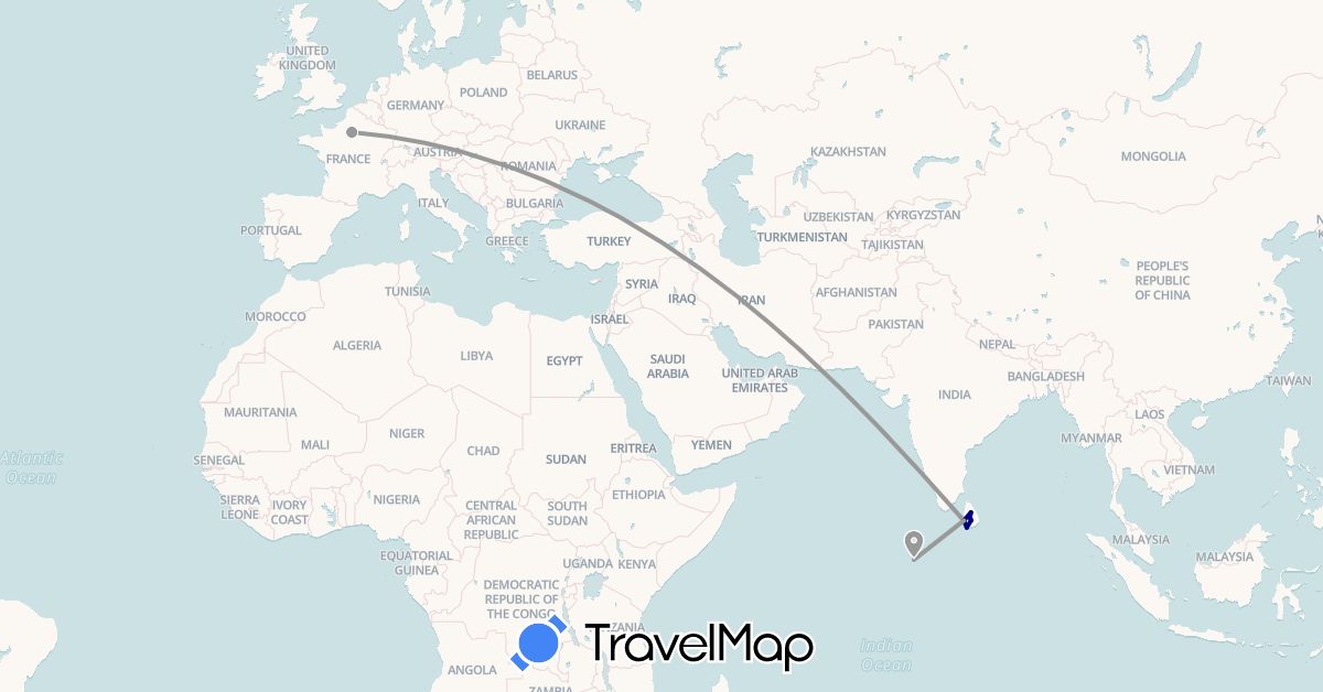 TravelMap itinerary: driving, plane in France, Sri Lanka, Maldives (Asia, Europe)